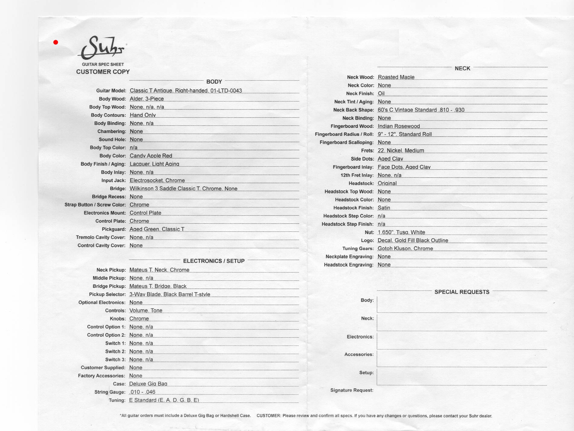 Suhr Classic T Vintage LE Candy Apple Red sheet