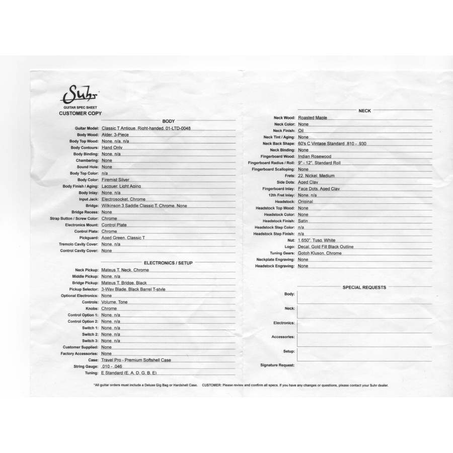 Suhr Classic T Vintage LE Firemist Silver Limited sheet