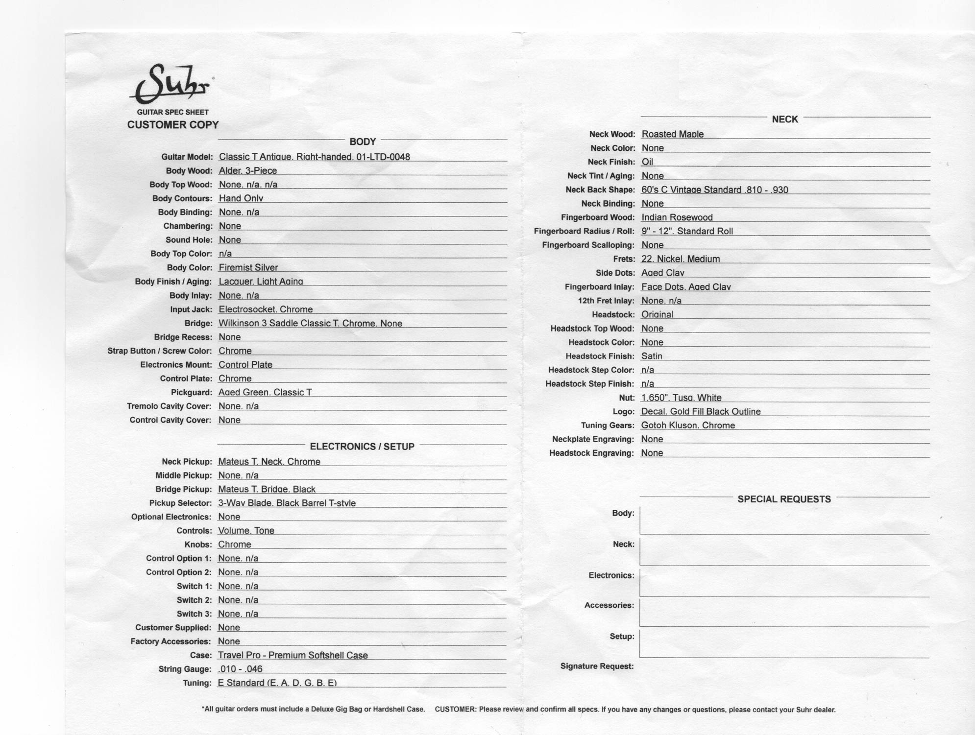 Suhr Classic T Vintage LE Firemist Silver Limited sheet