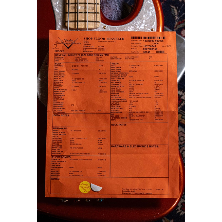 Fender Custom Shop 75 Jazz Bass NOS MN Fire Mist Orange